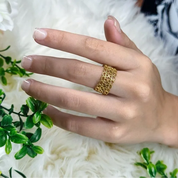 Stainless Steel Adjustable Gold Toned Laced Ring (R20) - Picture 6 of 6